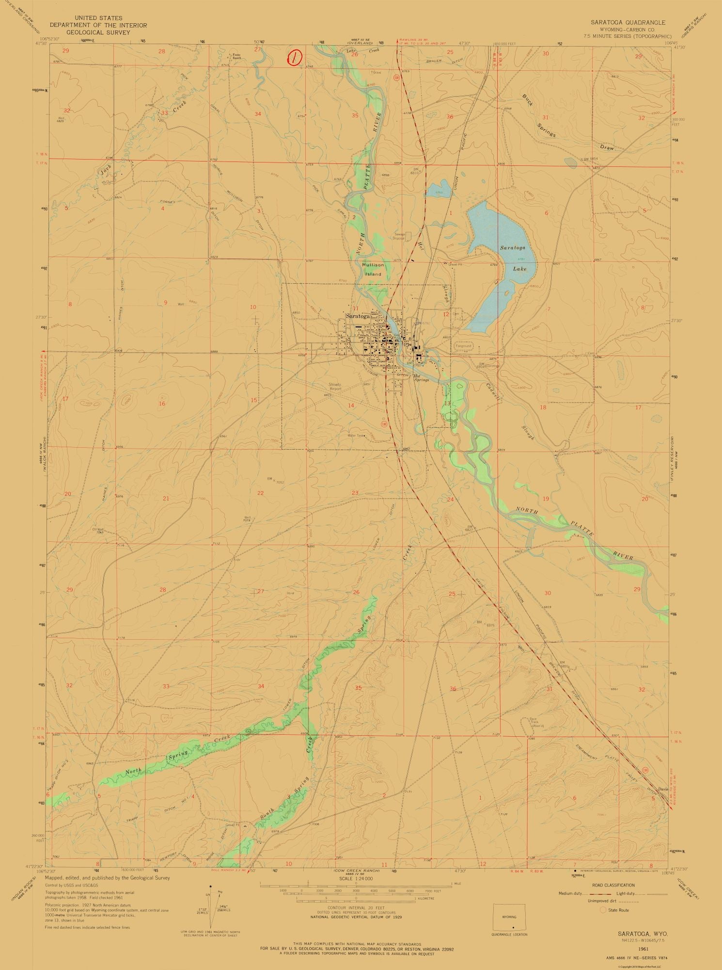 Topographical map saratoga wyoming quad usgs 1961 23 x 30 87