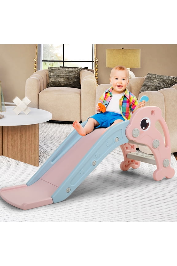 2-in-1 Dolphin Slide Kids Climber Slide Preschool Toddler Play Set Hoop Ball Children Gift, Pink