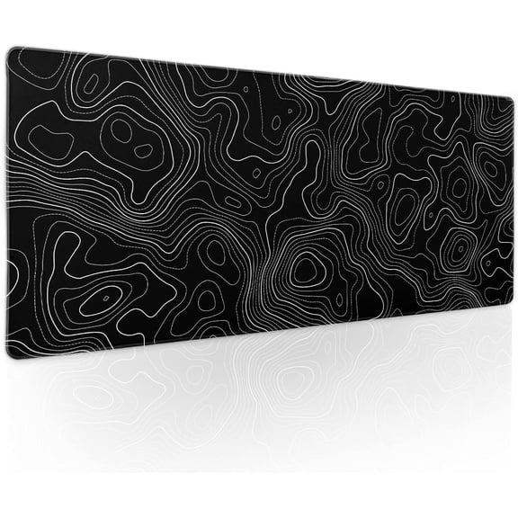 Topographic Contour Black Gaming Mouse Pad XL Topo Geographic Map Lines Extended Large Mouse Pad Big Desk Mat Non-Slip Rubber Base Stitched Edge Long Keyboard Playmat for Desk Computer,31.5×11.8 in