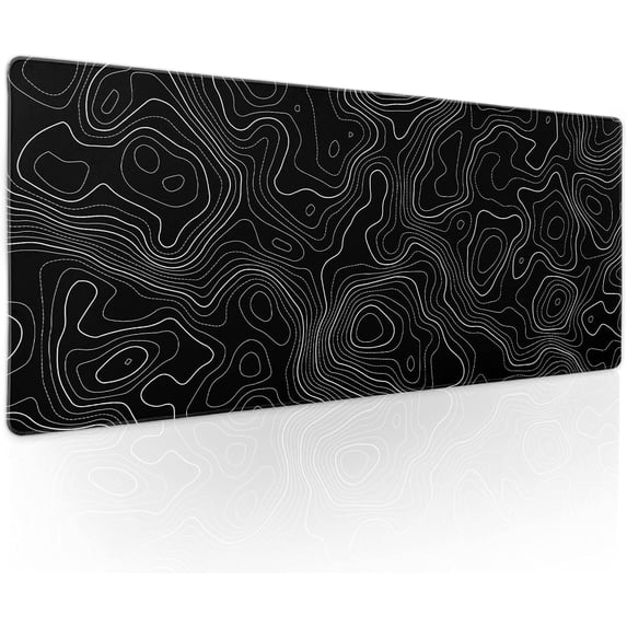 Topographic Contour Black Gaming Mouse Pad XL Topo Geographic Map Lines, Extended Large Mouse Pad, NonSlip Rubber Base, Stitched Edge, Long Keyboard Playmat, 31.5x11.8 in
