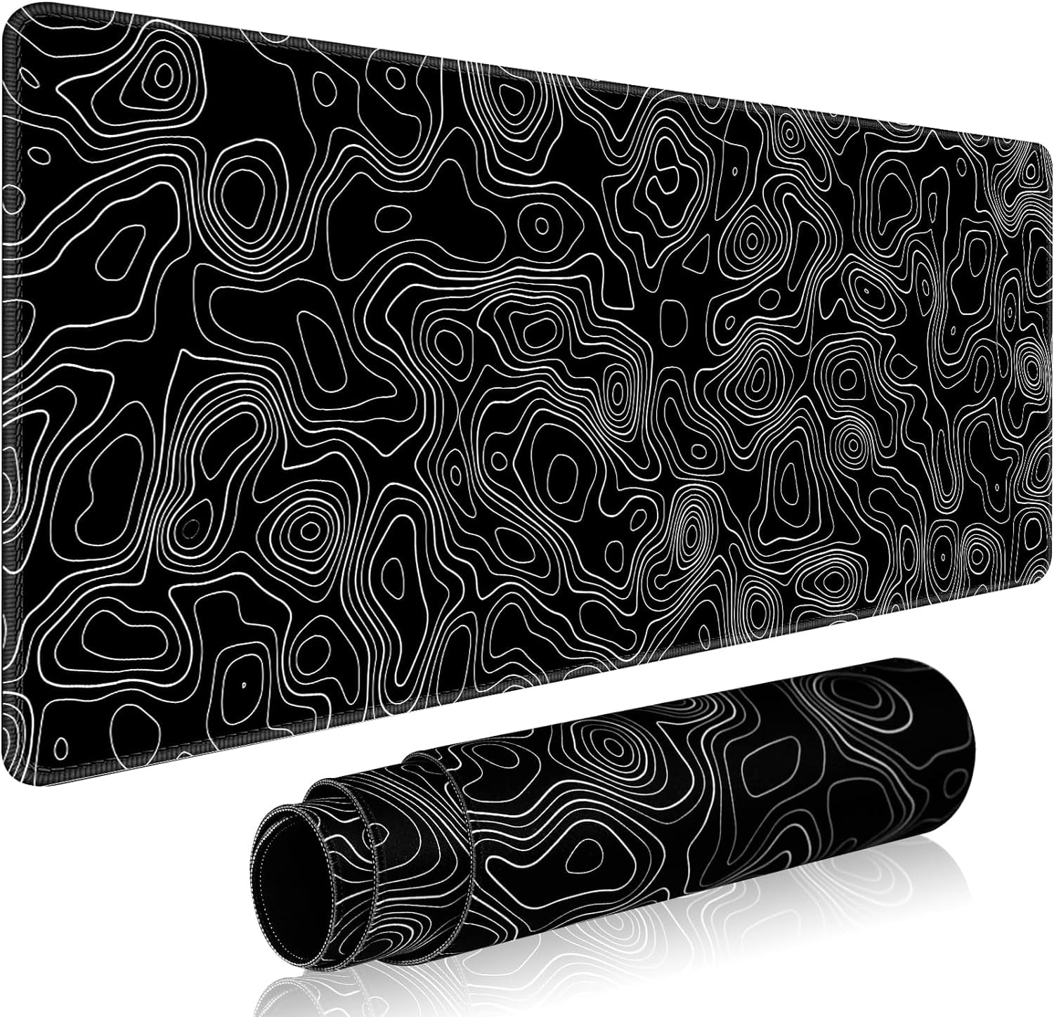 Topographic Contour Gaming Mouse Pad Large,XL Desk Pad Computer Mouse Pad for Keyboard with Stitched Edges, Anti-Slip Base,Waterproof Mousepad,Big Mouse Pad (Black,31.5" x 11.8")