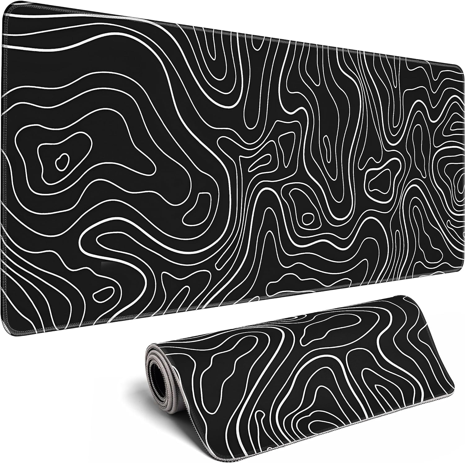Topographic Contour Gaming Mouse Pad，Large XL Mouse Pad Big Mouse mat,Long Computer Keyboard with 3mm Non-Slip Base and Stitched Edge for Gaming Home Office Work，31.5x11.8in