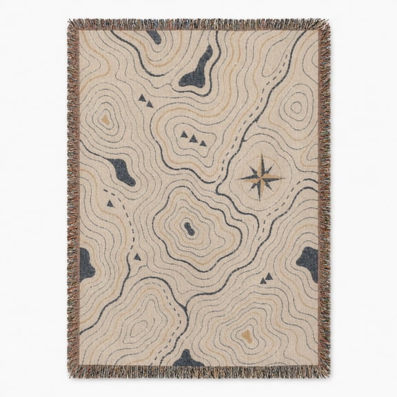 Topographic Contour Map Navy and Tan Woven Blanket, 100% Cotton, Modern Adventure Style for Sofa or Bed Decor