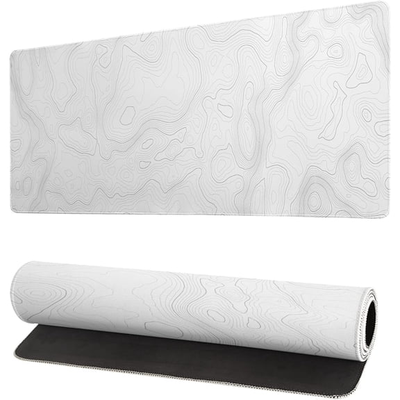 Topographic Contour White Gaming Mouse Pad 31.5x11.8 Inch Large Geographic Map Lines Extended Pads Big Mousepad Non-Slip Rubber Base Waterproof Keyboard Mat with Stitched Edges for Gaming and Office
