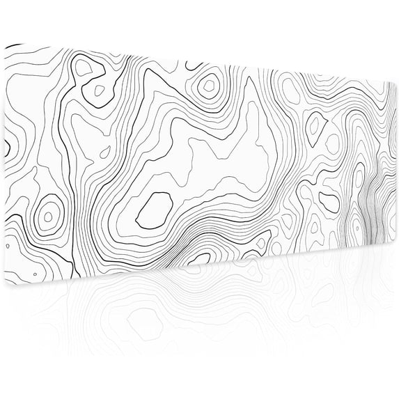 Topographic Contour White Gaming Mouse Pad - XL Geographic Map Lines, Extended Large Mouse Pad, Non-Slip Rubber Base, Stitched Edge, Ideal for Desk Computer, 31.5x11.8 Inch