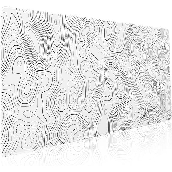 Topographic Contour White Gaming Mouse Pad XXL Geographic Map Lines Extended Big Large Desk Mat Non-Slip Rubber Base Stitched Edge Long Keyboard Mousepad for PC Computer Laptop,35.4×15.7 in