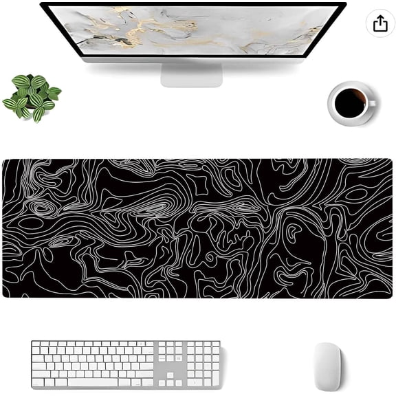 Topographic Extended Black Mouse Pad Large Black White Topo Mousepad Modern Abstract Minimalist Line Desk Mat XL Non-Slip Rubber Base Office Home Computer Keyboard Gaming Mouse Pad 31.5 x 11.8 Inches