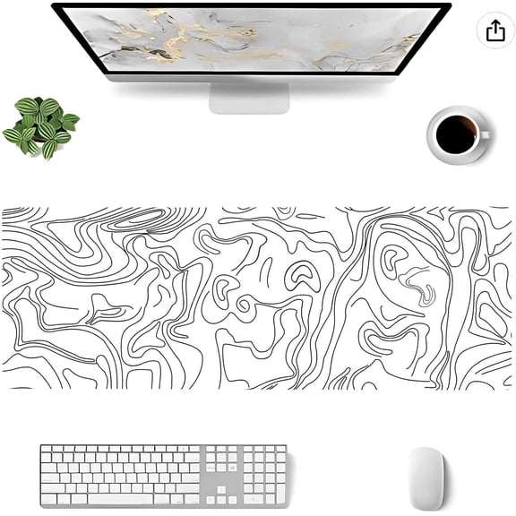 Topographic Extended White Mouse Pad Large Black White Topo Mousepad Modern Abstract Minimalist Line Desk Mat XL Non-Slip Rubber Base Office Home Computer Keyboard Gaming Mouse Pad 31.5 x 11.8 Inches