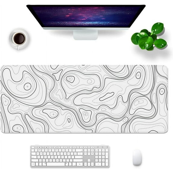 Topographic Gaming Mouse Pad White Large Mouse Pad XL Desk Mat 31.5x11.8x0.12 inch White Desk Pad Terrain Mouse Pad (Terrain - White)