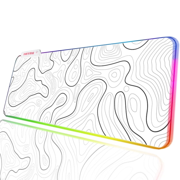 Topographic Gaming Mouse Pad White RGB Mousepad Non-Slip Rubber Base Extra Large XL Computer Desk Pad Gaming Accessories LED Light Up jmiyav Extended Big Keyboard and Mouse Pad for Gamer (31.5x12In)