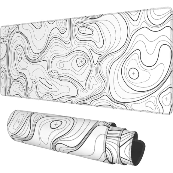 Topographic Map Big Gaming Mouse Pad XXL Extended Minimalism Contour Lines Desk Pads White Large Office Mousepad Stitched Edges Laptop Waterproof Mouse Mat(Size:35.4x15.7in)