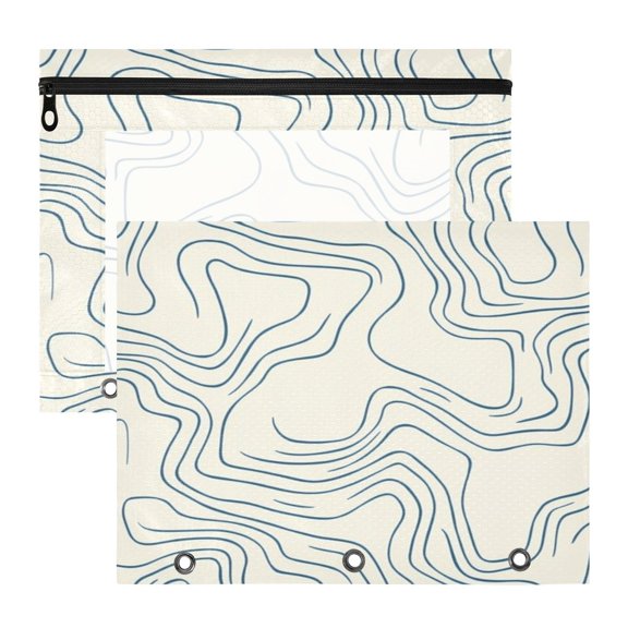 Topographic Map Blue Lines A4 Pencil Pouch 3 Ring Zipper Pencil Pouches Pencil Case for Binder Cosmetic Bag 2 Pack