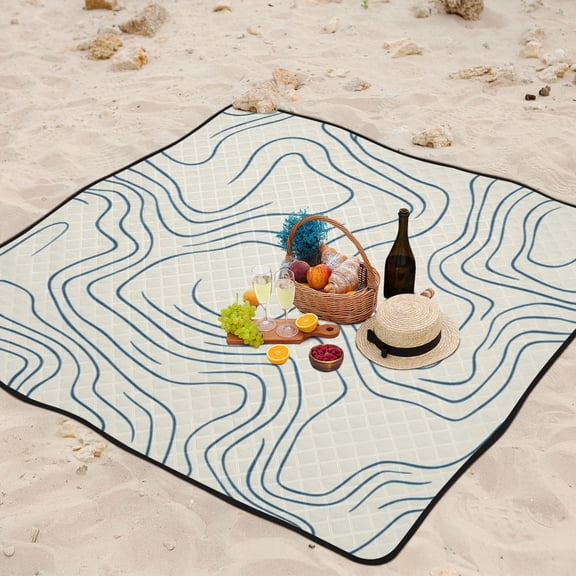 Topographic Map Blue Lines Beach Blanket Outdoor Picnic Mat Sandproof Waterproof Foldable for Camping Travel Hiking