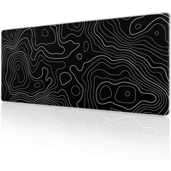Topographic Map Gaming Mouse Pad Desk Mat XL 31.5×11.8 Inch Black Lines Contour Geographic Extended Mousepad 30X80cm with Non-Slip Rubber Base Stitched Edge Large Desk Pad for Gamer Office Home Work
