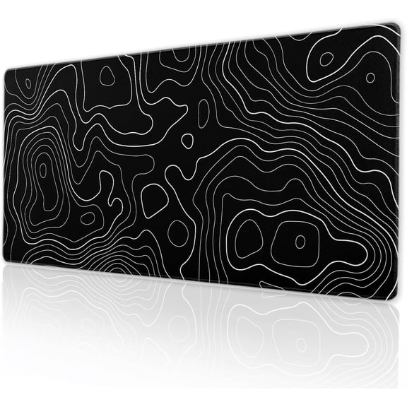 Topographic Map Gaming Mouse Pad Desk Mat XXL 35.4×15.7 Inch Black Lines Contour Geographic Extended Mousepad 40X90cm with Non-Slip Rubber Base Stitched Edge Large Desk Pad for Gamer Office Home Work
