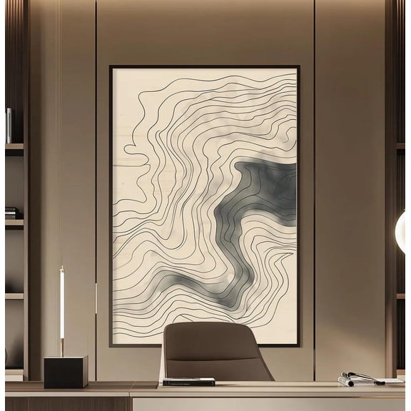 Topographic Map Wall Art Print, Black Contour Lines And Neutral Office Decor