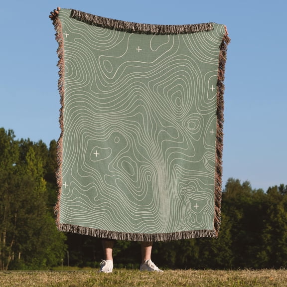 Topographic Map Woven Blanket, Mountains Topo map Blanket, Camping, Hiker gift, Throw Blanket, Outdoors Lifestyle vibe, White lines on Green
