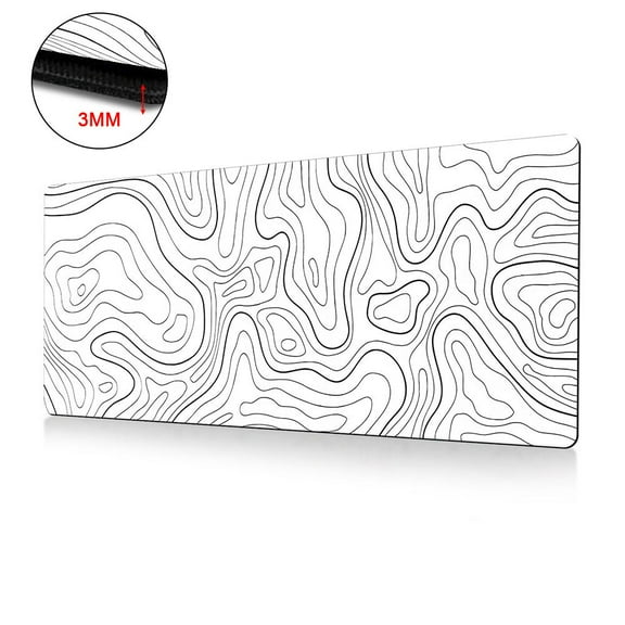Topographic Mouse Pad Gaming Large XL Long Extend Black and White Mousepad Big Full Keyboard Desk Mat for Computer Laptop Office Non-Slip Rubber Stitched Edges (White)