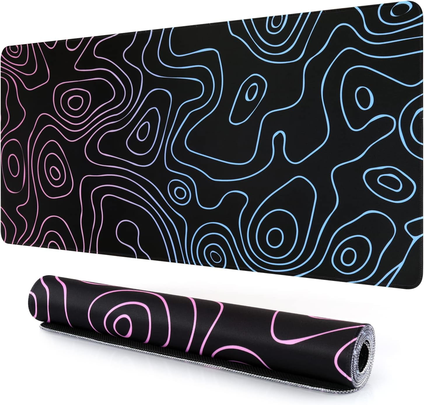 Topographic Mouse Pad, Large Gaming Mouse Pad Non-Slip Rubber Base Water-Resistant Desk Mat for Computer Keyboard, 35.4" x 15.7" Extended Desk Pad with Stitched Edges for Office Gaming, Black