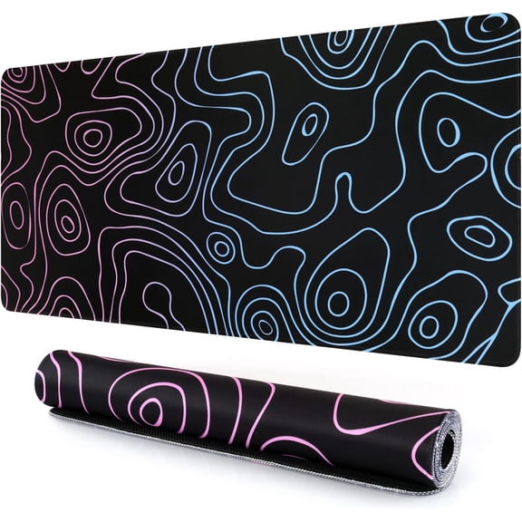 Topographic Mouse Pad, Large Gaming Mouse Pad Non-Slip Rubber Base Water-Resistant Desk Mat for Computer Keyboard, 35.4" x 15.7" Extended Desk Pad with Stitched Edges for Office Gaming, Black