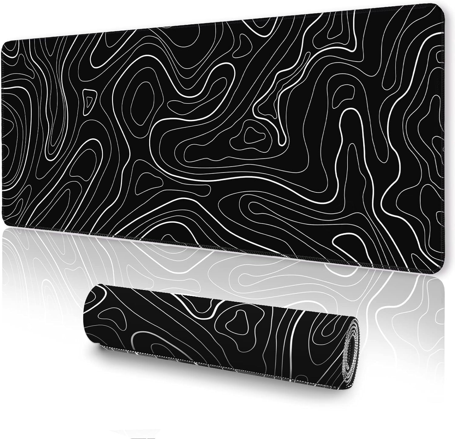 Topographic Mouse Pad Large, Gaming Mouse Pad, XL Mousepad, Keyboard and Mouse Pad, Desk Mat, 31.5 x 11.8 in, Black White Minimalist Contour for Office