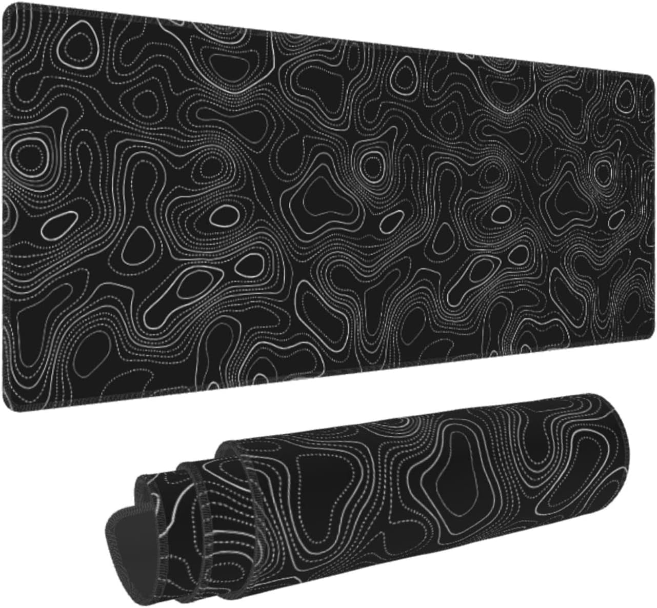 Topographic Mouse Pad Large Gaming XL Black and White Geographic Map Lines Contour Desk Mat Extend Long Mousepad for Computer Laptop Office Non-Slip Rubber Stitched Edges 31.5 x 11.8 Inch