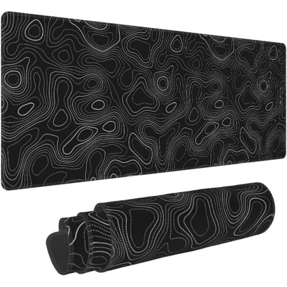 Topographic Mouse Pad Large Gaming XL Black and White Geographic Map Lines Contour Desk Mat Extend Long Mousepad for Computer Laptop Office Non-Slip Rubber Stitched Edges 31.5 x 11.8 Inch