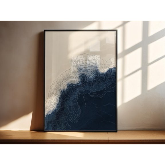 Topographic Wave Print Navy Blue Abstract Wall Art Line Art Contour, Unframed Paper Print