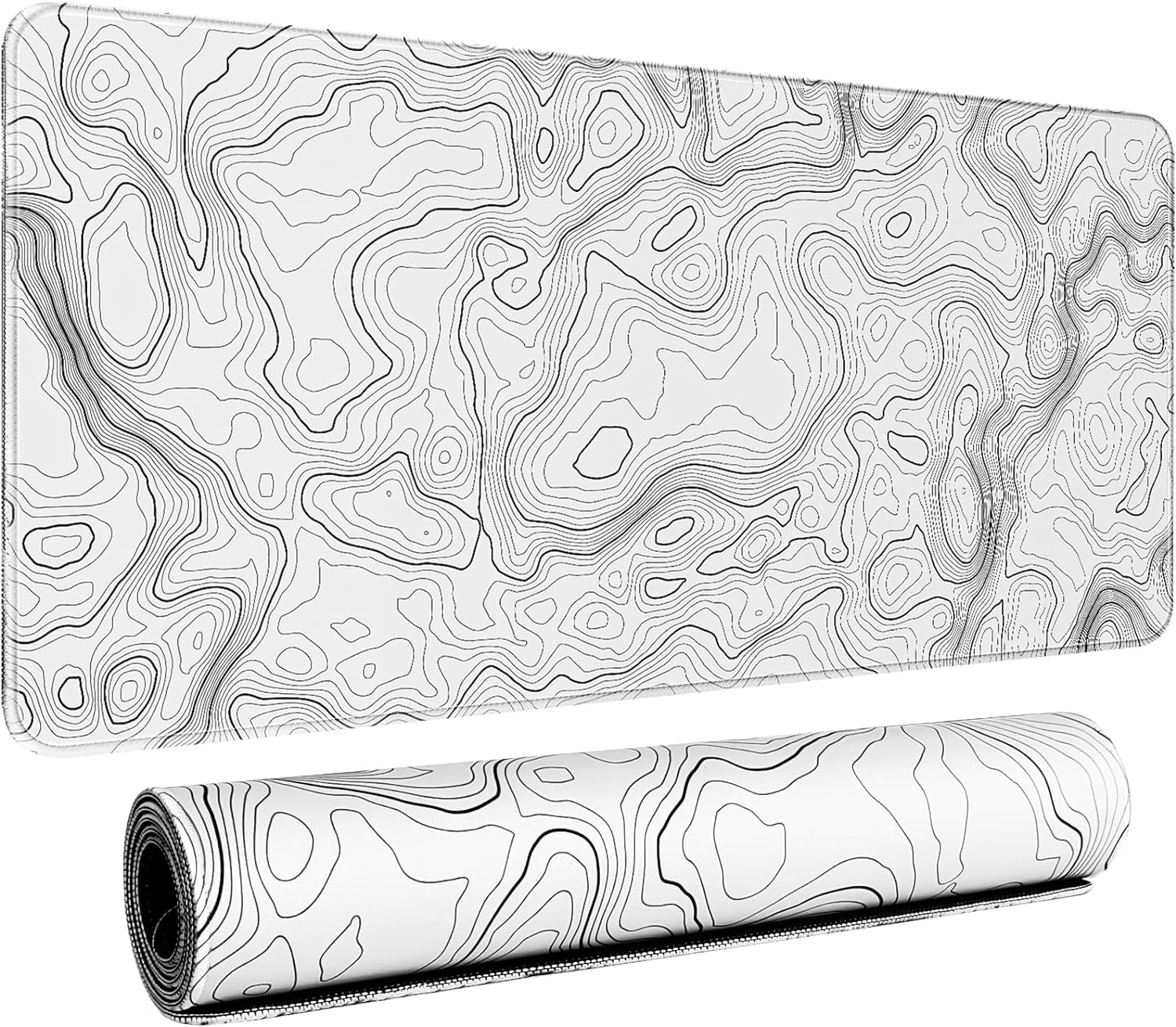 Topographic White Gaming Mouse Pad Black Desk Mat,Office Desk Pad,XXL Large Mouse Pad for Desk 35.4x15.7in Mousepad with Stitched Edges,Non-Slip Rubber Base,Waterproof Computer Keyboard Pad