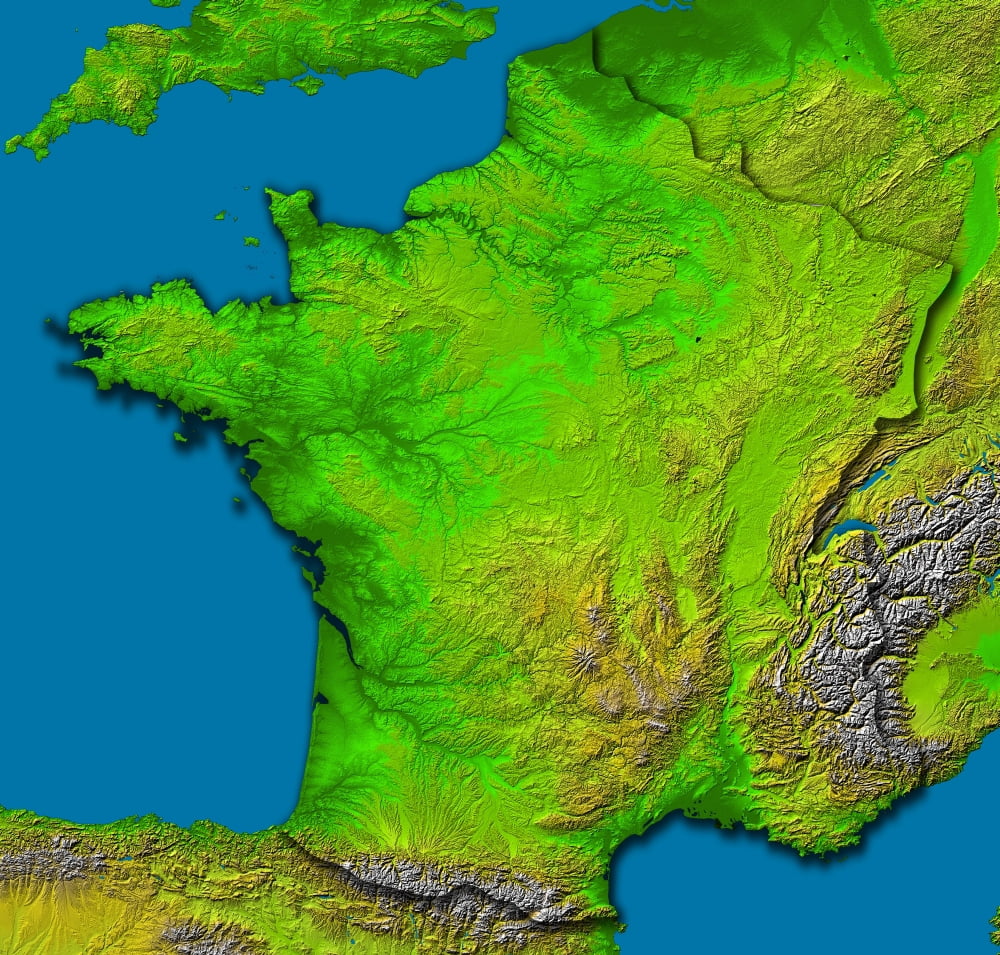 Topographic image of France showing shaded relief and colored height Canvas Art - Stocktrek Images (29 x 28)