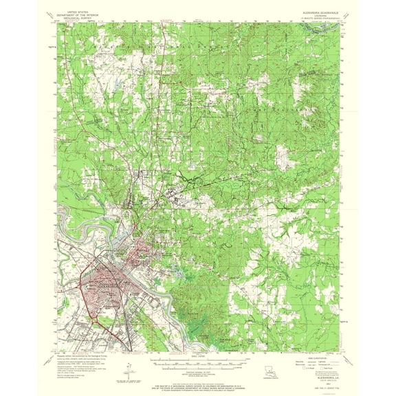 Topographical Map - Alexandria Louisiana Quad - USGS 1957 - Vintage Wall Art