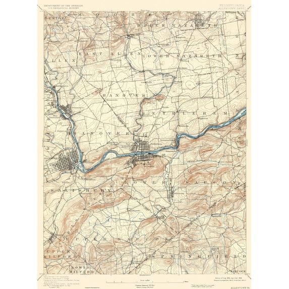 Topographical Map - Allentown Pennsylvania Sheet - USGS 1894 - 23 x 31.06.94 - Vintage Wall Art
