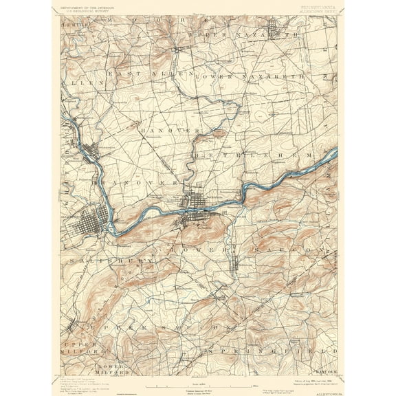Topographical Map - Allentown Pennsylvania Sheet - USGS 1894 - 23 x 31.06.94 - Vintage Wall Art