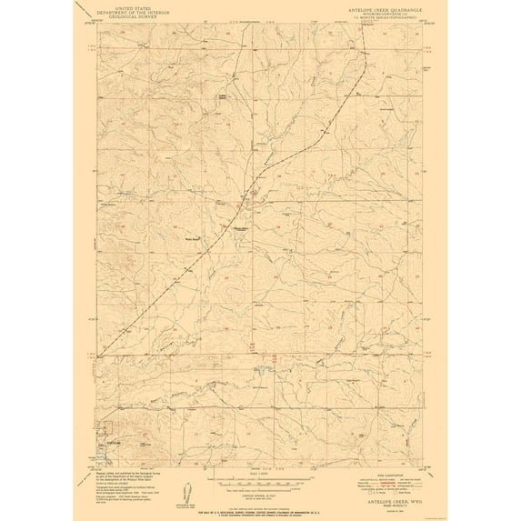 Topographical Map - Antelope Creek Wyoming Quad - USGS 1950 - Vintage Wall Art