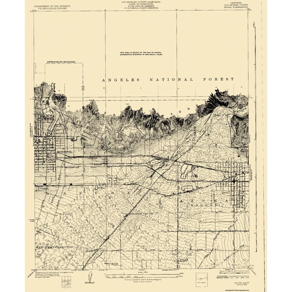 Topographical Map - Azusa California Quad - USGS 1928 - 23 x 29.38 - Vintage Wall Art