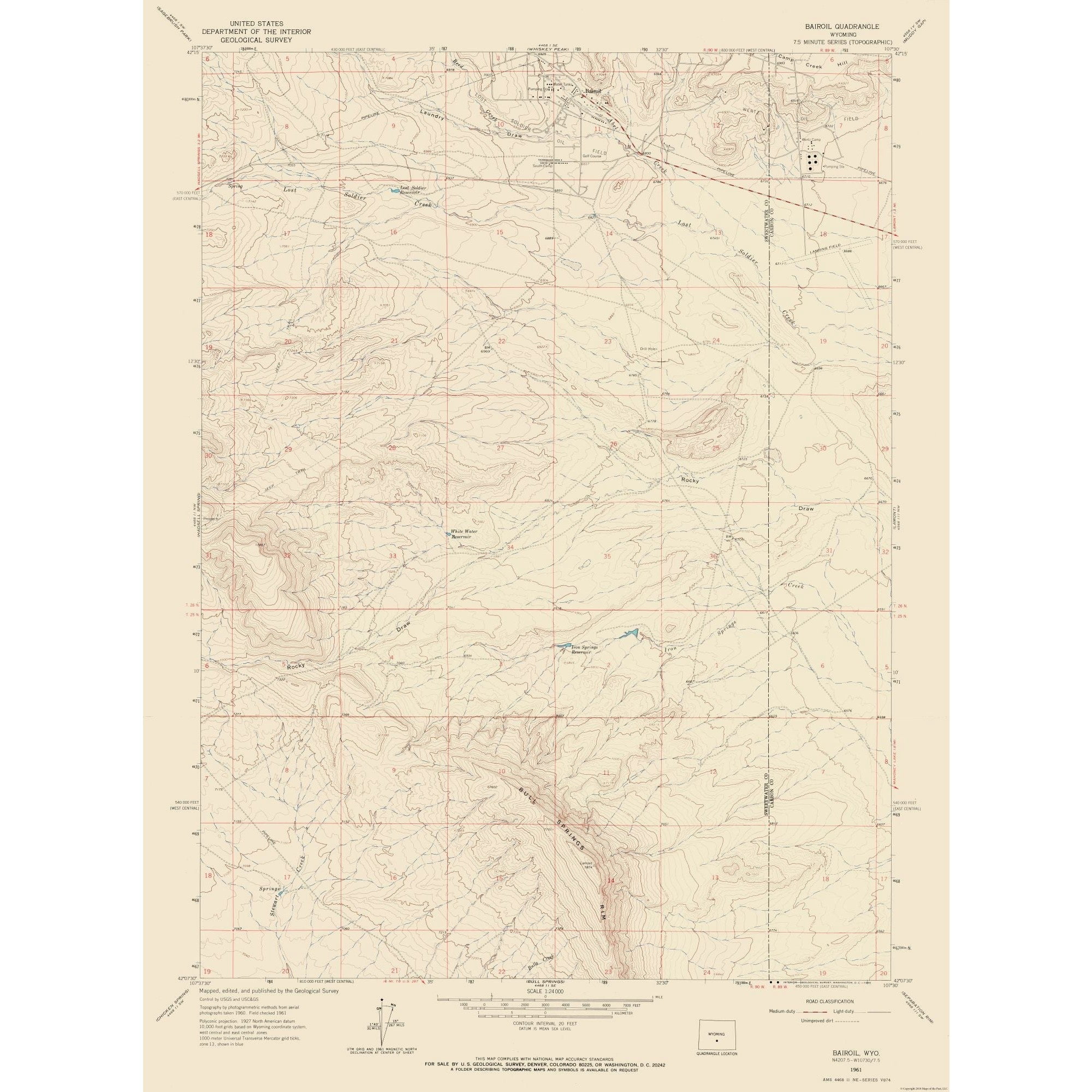 Topographical Map - Bairoil Wyoming Quad - USGS 1961 - 23 x 31.14 ...