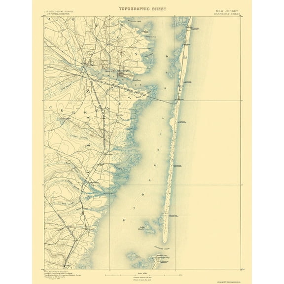 Topographical Map - Barnegat New Jersey Sheet - USGS 1884 - 23 x 29.64 - Vintage Wall Art