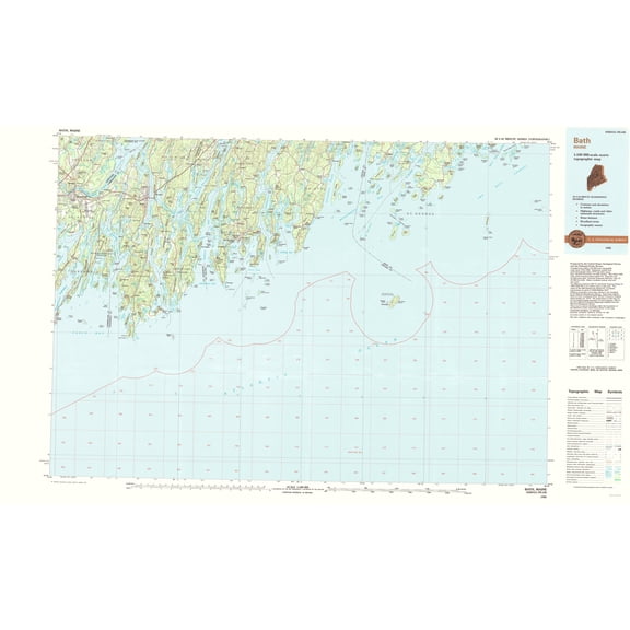Topographical Map - Bath Maine Quad - USGS 1985 - Vintage Wall Art