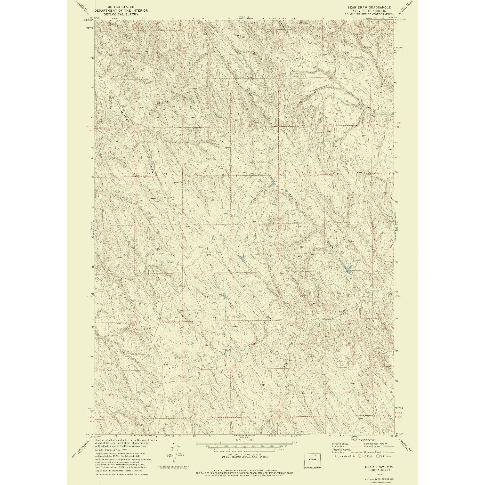 Topographical Map - Bear Draw Wyoming Quad - USGS 1972 - Vintage Wall ...