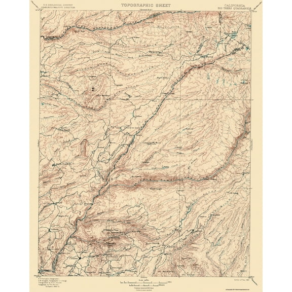 Topographical Map - Big Trees California Quad - USGS 1901 - 23 x 28.75 - Vintage Wall Art