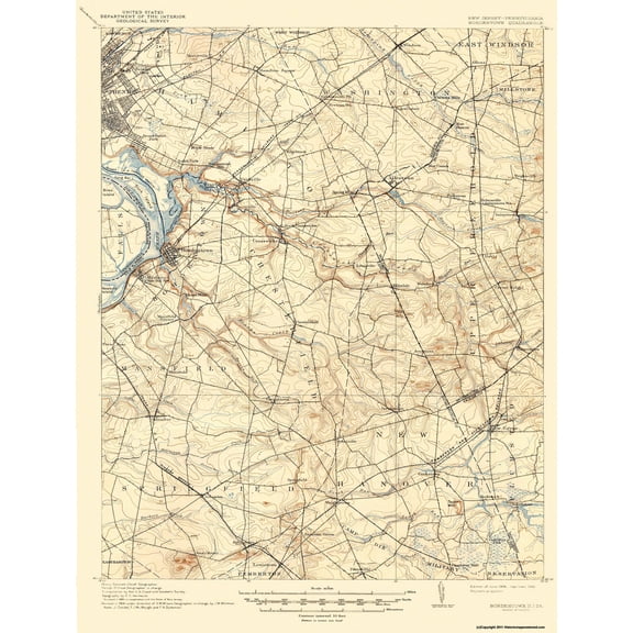 Topographical Map - Bordentown New Jersey Pennsylvania Quad - USGS 1906 - Vintage Wall Art