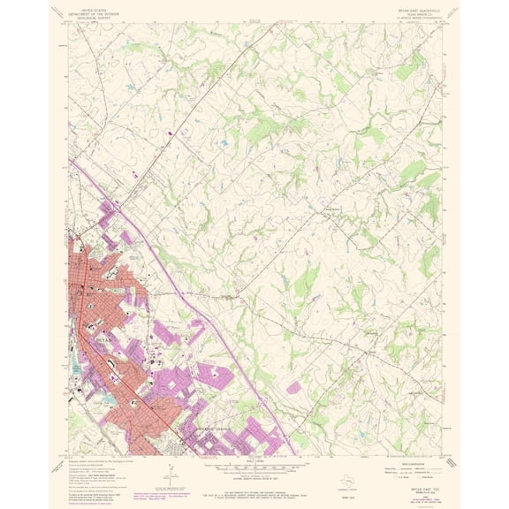 Topographical Map - Bryan Texas East Quad - USGS 1962 - Vintage Wall Art