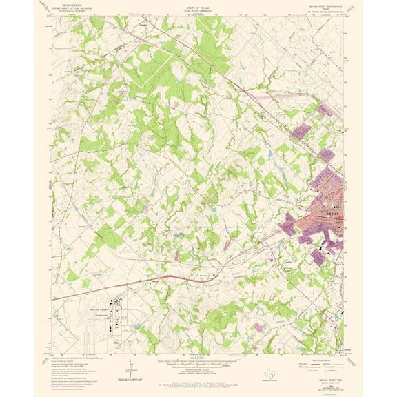 Topographical Map - Bryan Texas West Quad - USGS 1962 - 23 x 27.75 - Vintage Wall Art