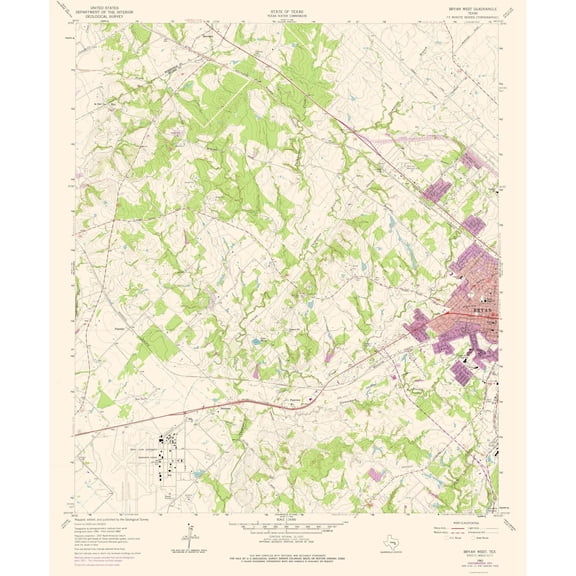 Topographical Map - Bryan Texas West Quad - USGS 1962 - Vintage Wall Art