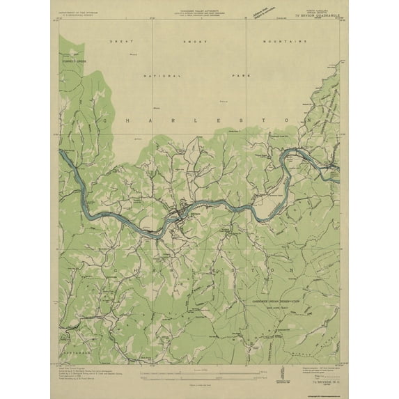 Topographical Map - Bryson North Carolina Quad - USGS 1936 - 23 x 30.69 - Vintage Wall Art