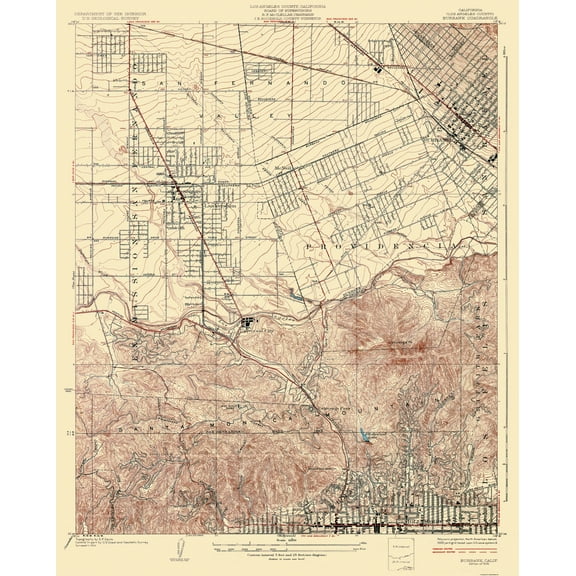Topographical Map - Burbank California Quad - USGS 1926 - Vintage Wall Art