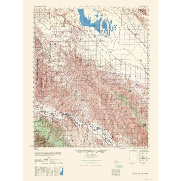 Topographical Map - Caliente Mountain Sheet - US Army 1943 - 23 x 30.67 - Vintage Wall Art