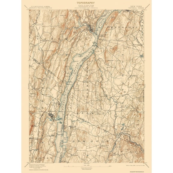 Topographical Map - Catskill New York Sheet - USGS 1895 - 23 x 30.46 - Vintage Wall Art