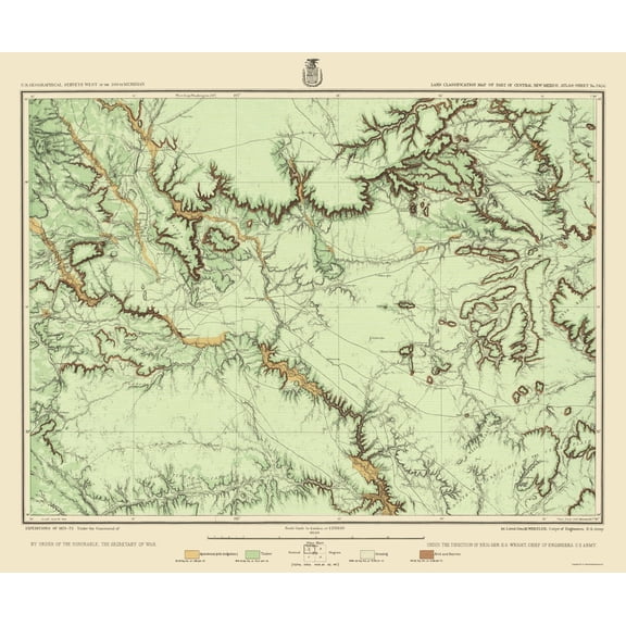 Topographical Map - Central New Mexico Land Classification Sheet - US Army 1877 - 23 x 27.65 - Vintage Wall Art