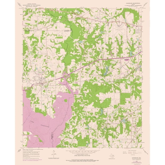 Topographical Map - Chandler Texas Quad - USGS 1966 - Vintage Wall Art